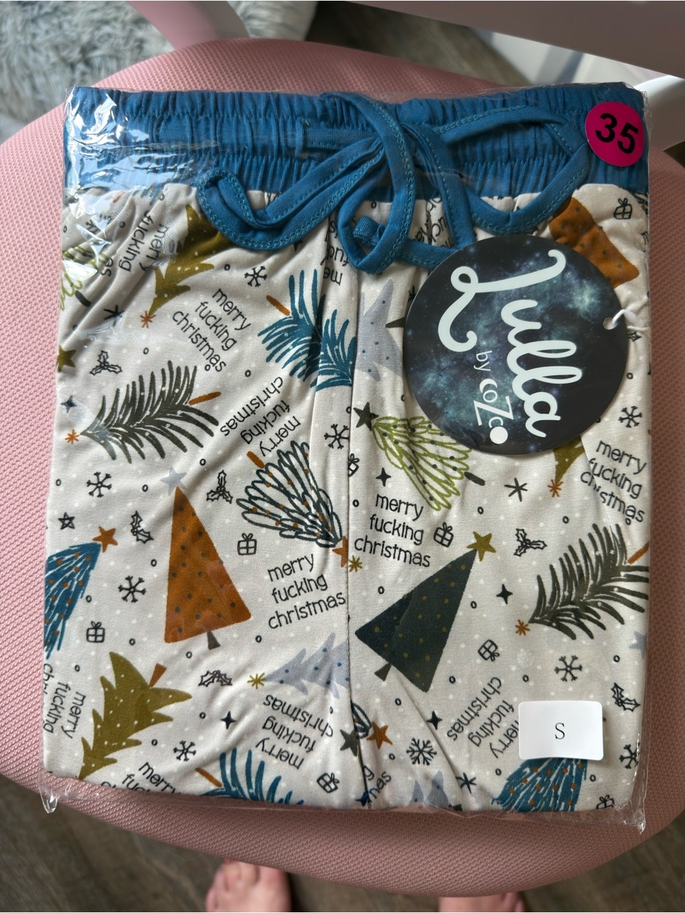 Lulla Cream Holiday Tree Print Pajama Bottoms with Blue Waistband - Lulla